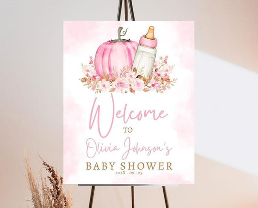 Fall Pumpkin Baby Shower Welcome Sign for Girl, Pink Autumn Floral Sign Decoration, Rustic Baby Girl Shower Table Poster, Fall Themed Kid Decor for Autumn - color: 3