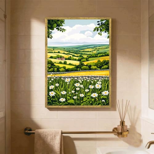 Framed Countryside Landscape Poster Canvas Print Rustic Farmhouse Wall Art Painting Pictures Whimsical Home Decor Wall Decoration for Living Room Bedroom Apartment Wall Decor (12L x16W,Gold Framed) - size: 12L"x16W"