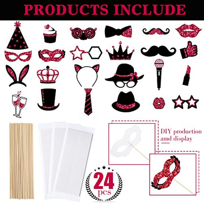 Zonon 24 Pcs Funny Photo Booth Props Class of 2026 Graduation Birthday Wedding Family Class Reunion Prom Disco Party Celebration Decoration Supplies Mix of Hats, Lipstick, Tie(Burgundy and Black) - color: Burgundy and Black