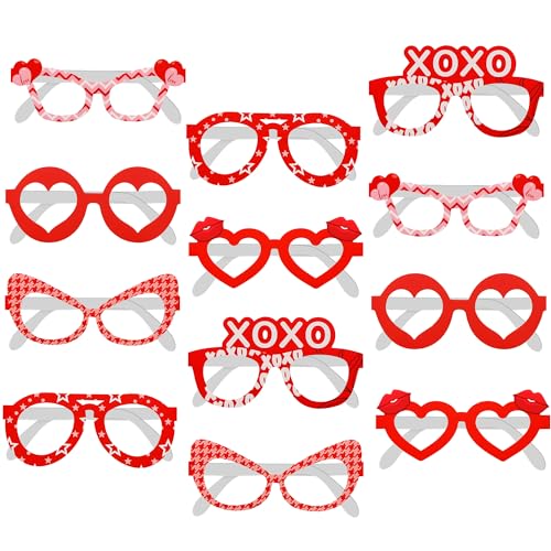 KatchOn, Red Heart Glasses - Pack of 12 | Valentines Glasses for Valentines Day Decorations | Valentines Photo Props for Valentines Decor | 6 Designs Heart Shaped Glasses | Galentines Day Decorations - color: Red and Pink