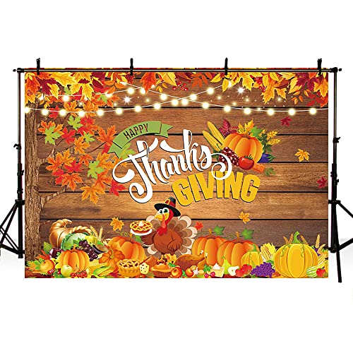 Sendy 7x5ft Happy Thanksgiving Backdrop Give Thanks Autumn Harvest Party Decorations Supplies Fall Pumpkin Turkey Maple Leaves Rustic Wood Banner Photography Background Event Photo Shoot Props Vinyl