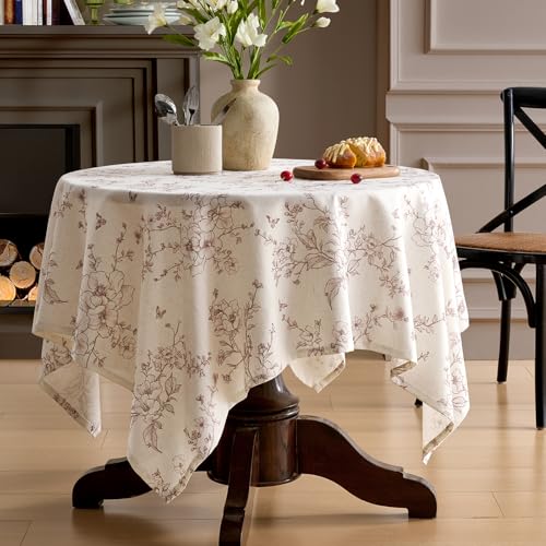 Table Cloth Square Floral Tablecloth Farmhouse Vintage French Rustic Brown Flowers Pattern Linen Burlap Textured Outdoor Table Cover for Picnic,Dining,Party,Home Decor 55x55 Inch - color: Brown on Cream, size: 55" x 55" (Square)
