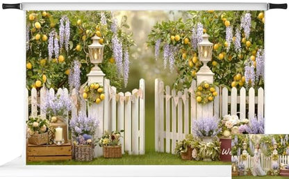 Kate Spring Lemon Tree Backdrop for Photography Purple Floral Garden Background Photo Fabric Props 10x6.5ft - size: 10x6.5ft