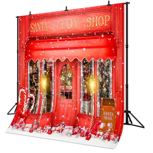 8x8FT Red Christmas Photo Backdrop Santa's Toy Shop Candy Cane in Snow World Xmas Family Holiday Party Banner Photography Background Supplies Decor Studio Prop - size: 8x8Ft