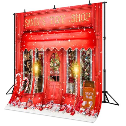 10x10FT Red Christmas Photo Backdrop Santa's Toy Shop Candy Cane in Snow World Xmas Family Holiday Party Banner Photography Background Supplies Decor Studio Prop - size: 10x10Ft