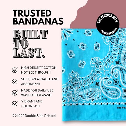 The Peacock Crew Premium Soft Cotton Bandanas Pack for Men and Women Paisley 22 x 22 inches - color: Pack of 10 Azure Blue
