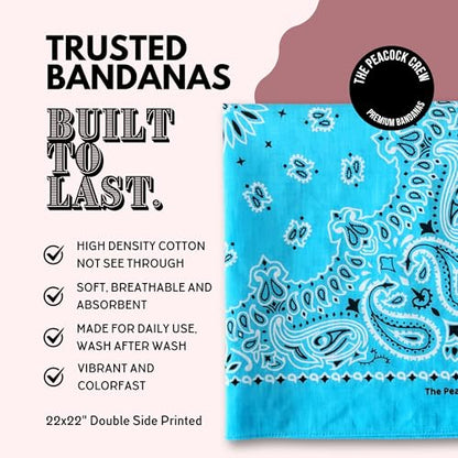 The Peacock Crew Premium Soft Cotton Bandanas Pack for Men and Women Paisley 22 x 22 inches - color: Pack of 10 Azure Blue