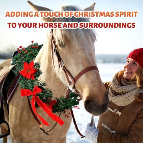 Dingion Christmas Wreath Horse Christmas Horses Neck Garland 16.9 Inches Artificial Outdoor Garland Horse Costume Rustic Farmhouse Decor for Xmas Holiday Party Parades Supplies(Berry Poinsettia Style) - style: Berry Poinsettia Style