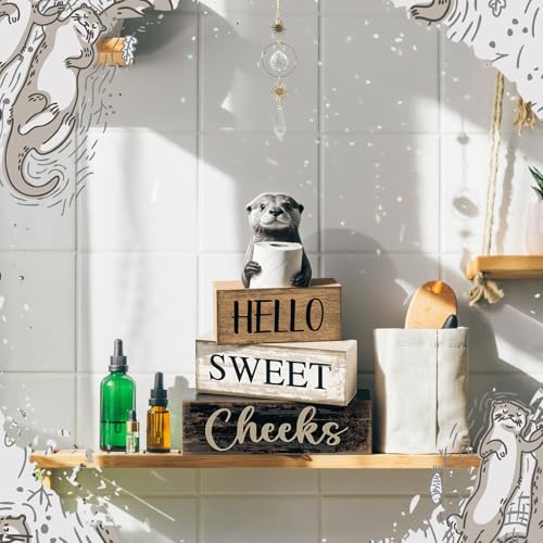 Moucuny 4 Pcs Otter Bathroom Decor Set Farmhouse Bathroom Decor and Accessories Rustic Hello Sweet Cheeks Wooden Blocks Signs with Toilet Paper Funny Toilet Shelf Decoration for Home Office Half Bath - style: Bathroom Otter