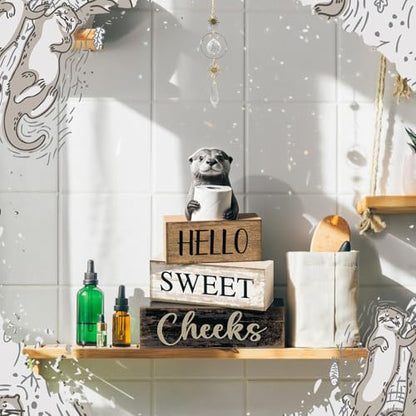Moucuny 4 Pcs Otter Bathroom Decor Set Farmhouse Bathroom Decor and Accessories Rustic Hello Sweet Cheeks Wooden Blocks Signs with Toilet Paper Funny Toilet Shelf Decoration for Home Office Half Bath - style: Bathroom Otter