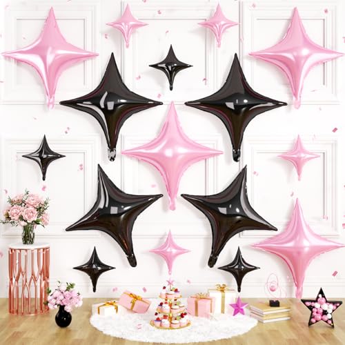 Pink Black Star Balloons, 16 PCS Black Four Angle Star Foil Balloons, 26 Inch and 10 Inch Pink Stars Shaped Balloon for Graduation Birthday Baby Shower Anniversary Engagement Party Decorations - color: Pink Black