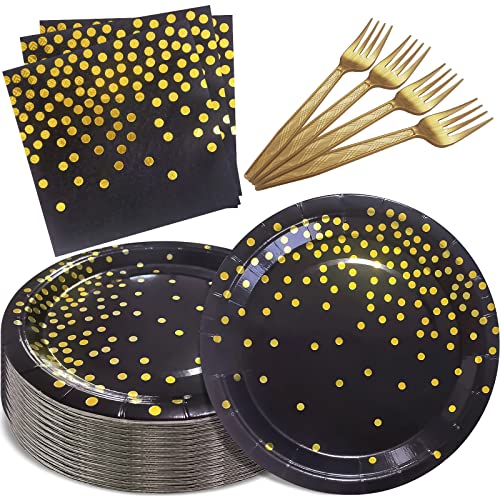 Serves 35 Guests Black and Gold Plates and Napkins Party Supplies,7" Black Paper Plates and Napkins,Disposable Party Dinnerware for Birthday Wedding,Graduation - color: Black Gold Dot Paper Plate