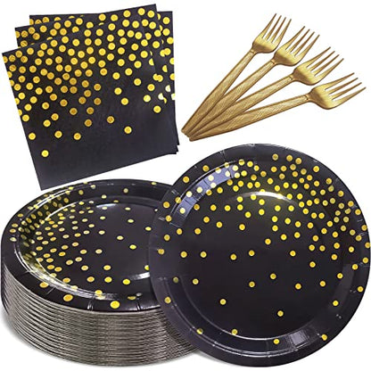 Serves 35 Guests Black and Gold Plates and Napkins Party Supplies,7" Black Paper Plates and Napkins,Disposable Party Dinnerware for Birthday Wedding,Graduation - color: Black Gold Dot Paper Plate