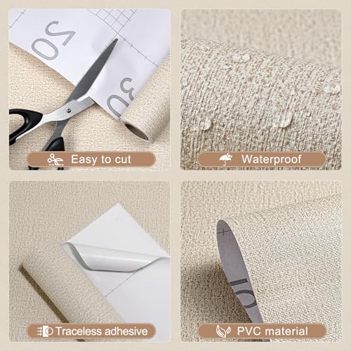 Peel and Stick Grasscloth Wallpaper Texture Khaki Beige Faux Linen Contact Paper Self Adhesive Removable Vinyl Wall Paper for Bedroom Cabinets Shelf Liners Waterproof Easy Clean 17.3 x 1200 Inch - color: Khaki, size: 17.3" x 1200"