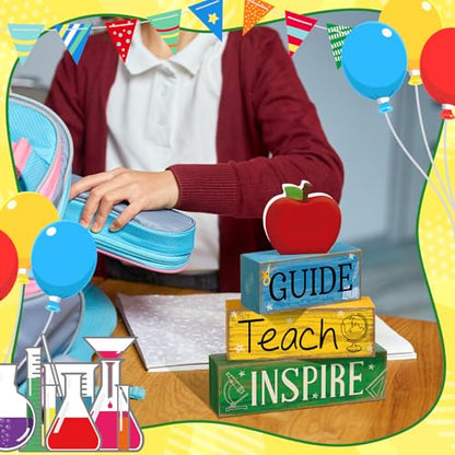 Yuntau 4 Pcs Teacher Appreciation Gift Wooden Table Decoration Apple Tiered Tray Decor Guide Teach Inspire Teacher Appreciation Gift Apple Block Sign Centerpiece Decor for Office Classroom - style: Apple