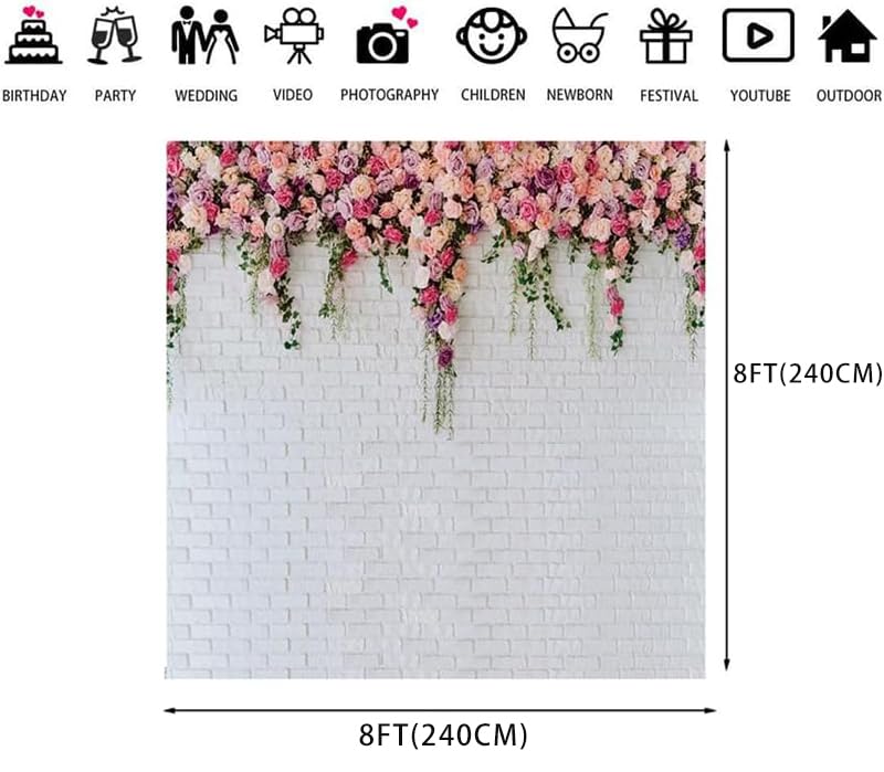 8x8ft White Brick Wall Flowers Background Spring Theme Photography Backdrop for Mother's Day Valentine Wedding Bridal Baby Shower Birthday Party Decor Banner Portrait Photo Booth Prop 134……… - size: 8x8ft