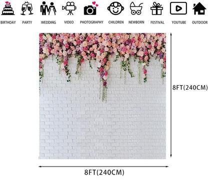 8x8ft White Brick Wall Flowers Background Spring Theme Photography Backdrop for Mother's Day Valentine Wedding Bridal Baby Shower Birthday Party Decor Banner Portrait Photo Booth Prop 134……… - size: 8x8ft