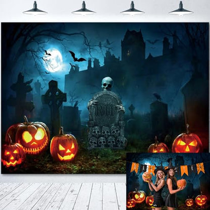 Halloween Cemetery Backdrop for Photography LFEEY Creepy Ghost Pumpkin Tombstone Skull Scary Night Misty Halloween Party Photo Background Trick or Treat Kids Boy Girl Birthday Studio Props 10x6.5ft