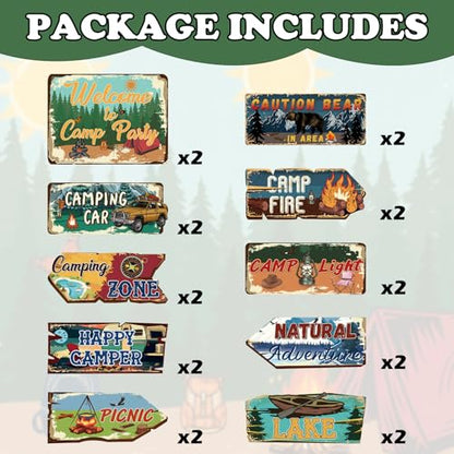 Hooqict 20 Pieces Camping Party Decorations Camping Themed Party Directional Signs for Summer Camp Day Classroom Welcome to Camp Birthday Decor Picnic Yard Sign - style: Camp