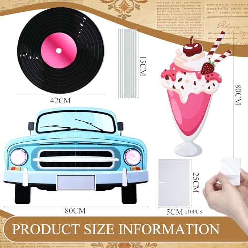 Soulchen 3 Pcs Large 50s Photo Booth Props Party Decorations Retro Car Soda Cup Record Disc Cardboard Cutout 50s Photo Backdrop Sign Birthday Decorations for Rock and Roll 1950s Party Supplies - style: 50s