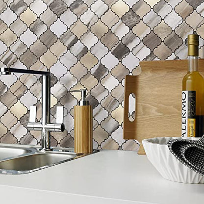 STICKGOO Arabesque Peel and Stick Backsplash Tile, Stick on Backsplash for Kitchen and Bathroom, Gold Wood Grain Marble Look PVC Mixed Metal Aluminum Mosaic Tiles(10 Sheets) - color: Gold Wood Grain Marble