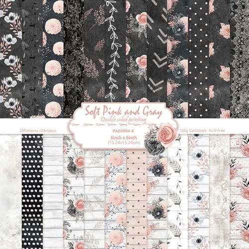 24 Sheets 6in Flowers Scrapbook Paper Pad - Double Sided Aesthetic Design Patterns Decorative for DIY Crafts Photos Album Travel Journaling Supplies Collage Card Wedding Gifts Wrapping - color: Romantic Pink Black