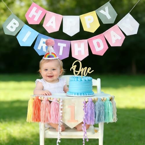 Pastel Rainbow 1st Birthday High Chair Decorations- Boho Macaron Felt Happy Birthday Banner First Birthday Highchair Banner With One Cake Topper & Party Hat, 1st Birthday Party Decorations - color: Rainbow