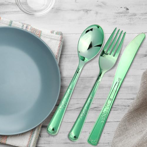 180 Pack Disposable Green Plastic Silverware Contain 60 Forks,60 Spoons,60 Knives, Solid and Durable Plastic Cutlery Utensils Set Perfect for Parties,weddings. - color: Green