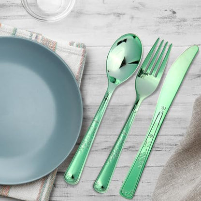 180 Pack Disposable Green Plastic Silverware Contain 60 Forks,60 Spoons,60 Knives, Solid and Durable Plastic Cutlery Utensils Set Perfect for Parties,weddings. - color: Green