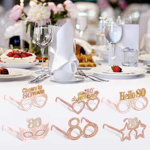 Guiruiy 24PCS 80th Birthday Eyeglasses Decorations for Women, Pink Rose Gold Happy 80th Birthday Paper Eyeglasses Party Supplies, Eighty Year Old Bday Glasses - style: Rose Gold 80th