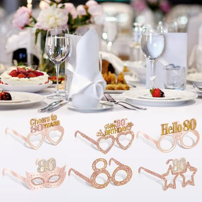 Guiruiy 24PCS 80th Birthday Eyeglasses Decorations for Women, Pink Rose Gold Happy 80th Birthday Paper Eyeglasses Party Supplies, Eighty Year Old Bday Glasses - style: Rose Gold 80th