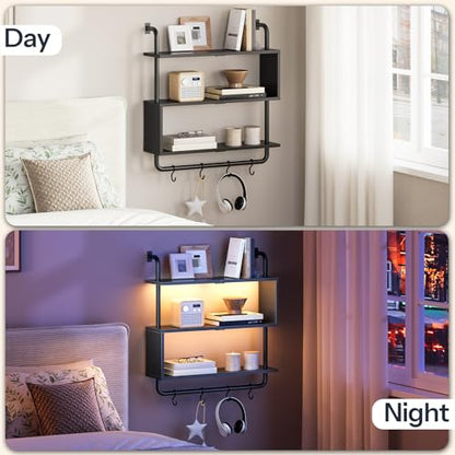 HOOBRO Floating Shelves with LED Lights, 29.5" LED Wall Mounted Gaming Shelf, 3-Tier Pipe Display Rack with Hanging Rod and 4 S-Hooks, for Storage Livingroom, Bedroom, Kitchen, Black BB21DBJ01 - color: Black