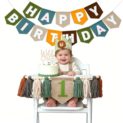 Wild One First Birthday Decorations For Boy-High Chair Banner First Birthday Boy Felt Happy Birthday Banner With Lion Crown, Wild One Highchair Banner Jungle Safari Birthday Party Decorations - color: Wild