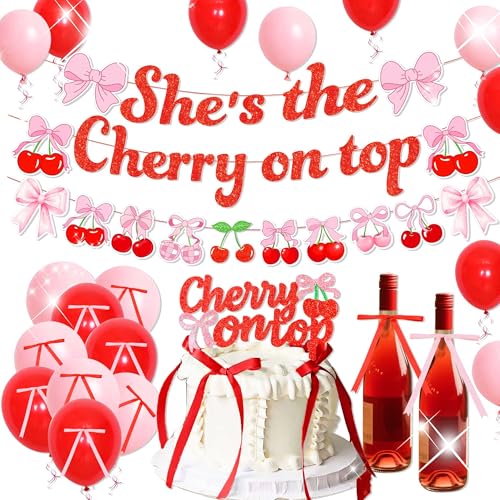 She's The Cherry on Top Baby Shower Backdrop Balloons for Girl Cherry Theme Coquette Bridal Shower Decorations Bow Party Decor Bride to Be Engagement Party Decor Birthday Props