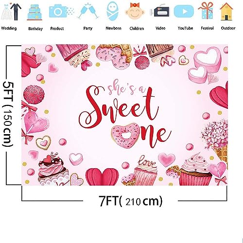 MEHOFOND Valentines 1st Birthday Backdrop for Girl - She's A Sweet One Heart Banner Photo Studio Props Background 7x5ft - color: Pink, size: 7x5ft
