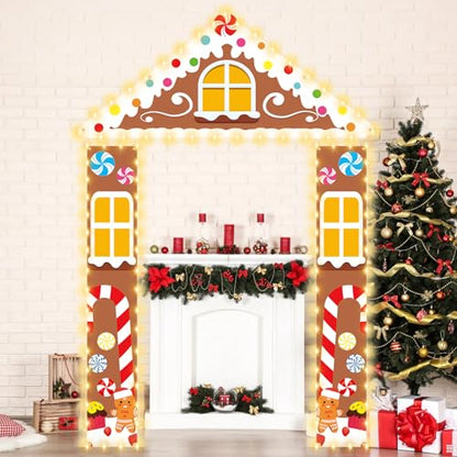 Christmas Gingerbread Party Porch Banner Classroom Christmas Party Door Decor Gingerbread Man House Door Cover with LED Light Xmas Porch Signs Winter Hanging Backdrop for Holiday Photo Prop Supplies