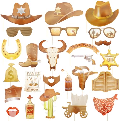 25 Pcs Cowboy Photo Booth Props Kit Cowboy Photo Props Party Supplies Favors Decorations Selfie Prop Photography Photobooth Selfie Supplies