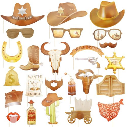 25 Pcs Cowboy Photo Booth Props Kit Cowboy Photo Props Party Supplies Favors Decorations Selfie Prop Photography Photobooth Selfie Supplies