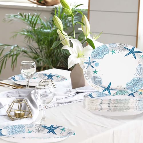 50Pcs Coastal Beach Oval Paper Plates 10" x 12" Large Heavy Duty Disposable Blue Ocean Coral Starfish Seashell Dinner Plates Summer Beach Paper Platters for Under the Sea Wedding Birthday Supplies - style: 50Pcs Coastal Oval Paper Plates