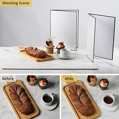 Meking 3 in 1 Photography Reflector Cardboard, 12 x 8 inch Folding Light Diffuser Board for Still Life, Product and Food Photo Shooting - Black, Silver and White, 2 Pack - size: 2Pcs A4 Black Silver White