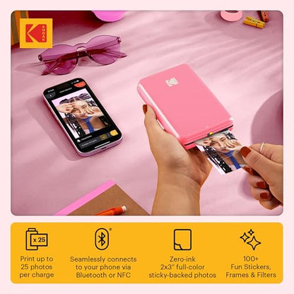 Kodak Step Instant Smartphone Photo Printer - 75 Sheets Bundle - Portable Mini Color Wireless Mobile Printer - Zink 2x3” Sticky-Back Photos - Bluetooth Compatible with Smart Devices - Fun App -Pink - color: Pink, style: Printer + 75 Sheets