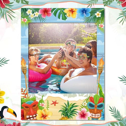 Jenaai Hawaiian Photo Booth Props Kit Luau Party Decorations 1 Hawaiian Photo Booth Frame 16 Summer Paper Eyeglasses Pool Party Selfie Props for Tropical Hawaii Luau Beach Tiki Decoration Supplies