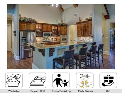 10x8ft Rustic American Kitchen Backdrop Wooden Cabinets Granite Island Leather Bar Stools Photography Background for Culinary Lifestyle Interior Decorations Tapestry Photo Booth Props - size: 10x8ft