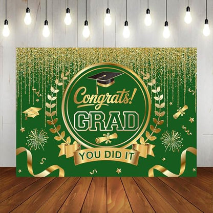 Graduation Backdrop Congrats Grad You Did It Party Decorations Background Congratulations Graduate Class of 2026 Banner Photo Booth Props (Green and Gold, 7x5ft) - color: Green and Gold
