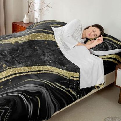 Erosebridal Black Marble Queen Sheets for Kids Boys Girls Teens - Modern Chic Geometric Bed Sets Marbling Aesthetic Sheets Liquid Metallic Texture Flat Fitted Sheet - color: Black, size: Queen