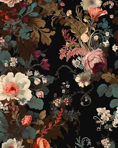 Black Floral Wallpaper Peel and Stick Vintage Colorful Floral Wallpaper Leaf Contact Paper for Cabinet Waterproof Self Adhesive Wall Paper for Kitchen Countertop Wall 17.5" x 393" - color: Dark Floral, size: 17.5" x 393"