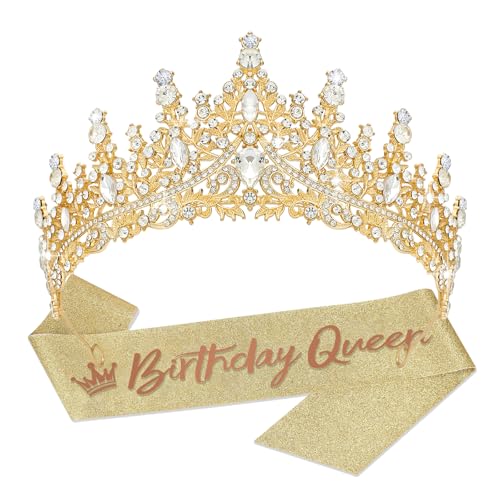 Birthday Crown for Women Crystal Princess Birthdays Tiaras Rhinestone Queen Headband Wedding Bridal Hair Accessories BirthdayProm Pageant Party Coming of Age Ceremony Photo Props - color: Gold-A01