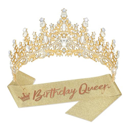 Birthday Crown for Women Crystal Princess Birthdays Tiaras Rhinestone Queen Headband Wedding Bridal Hair Accessories BirthdayProm Pageant Party Coming of Age Ceremony Photo Props - color: Gold-A01
