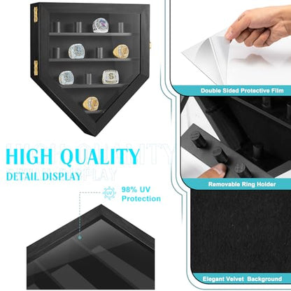 Championship Ring Display Case 12 Ring Posts, Sports Ring Wooden Shadow Box with HD Grass Door 98% UV Protection, Wall Mount Rings Holder for Baseball Basketball Award Rings Champion Souvenirs - size: Sports Ring Display Case-Natural