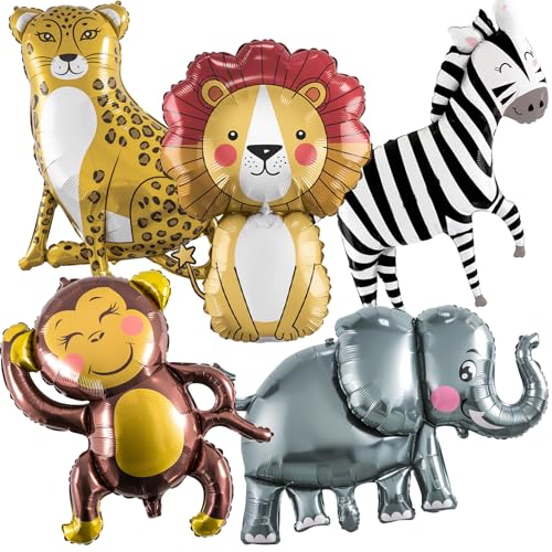 Jungle Safari Animals Balloons, Jungle Safari Theme Birthday Party Decorations, Lions Zebra Elephant Monkey Leopard Foil Balloons for Kids Boys Wild One Zoo Birthday Baby Shower Party Decor Supplies - color: Colorful Smiling Animal